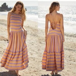 Anthropologie Striped Purple
and Orange Maxi‎ Dress size Large New Without Tag